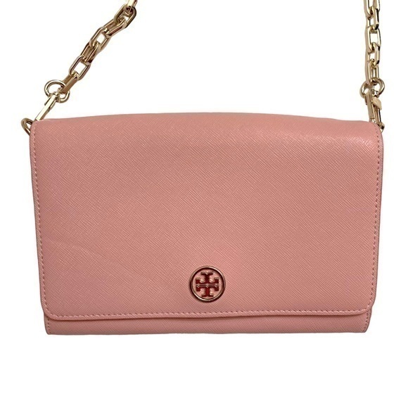 Tory Burch Robinson pink saffiano leather crossbody clutch bag